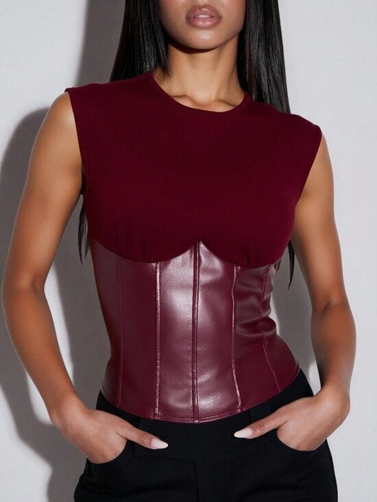 Tops - Burgundy Casual Women's Faux Leather Sleeveless Corset Top with Waist Belt